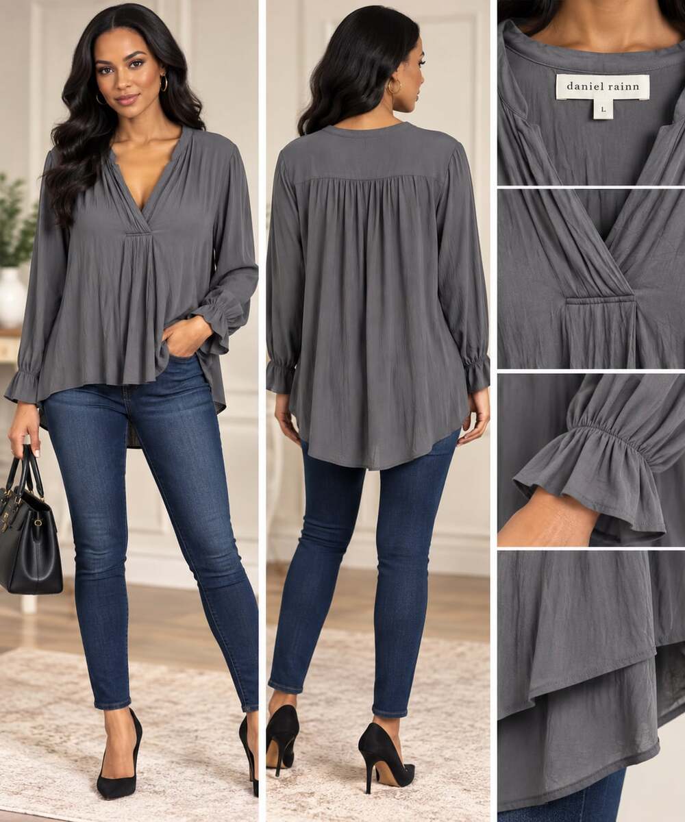 Daniel Rainn Blouse Size L Grey Long Sleeve V-Neck